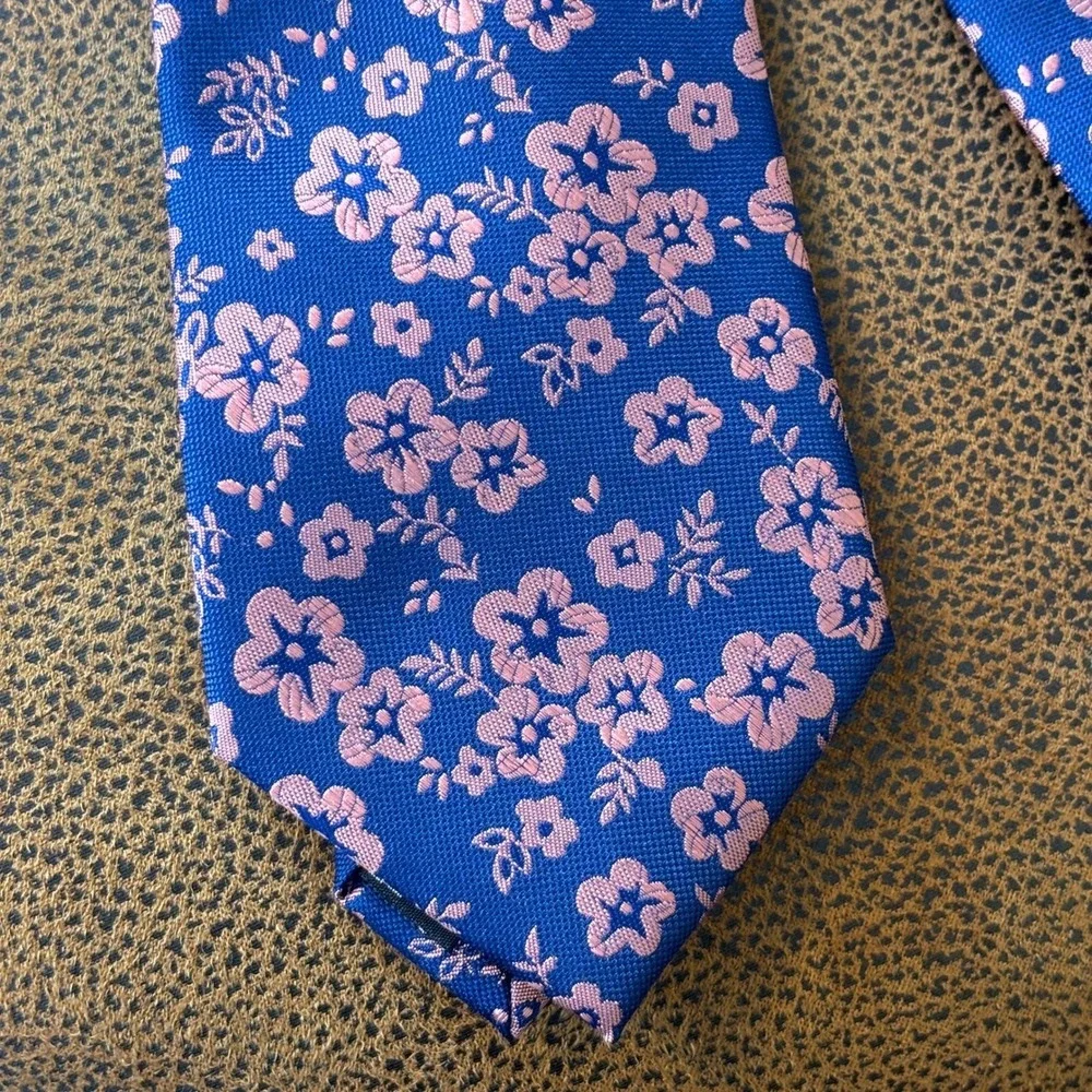 Jones New York Blue Pink Floral Print Men's Necktie Hawaiian Tropical Work